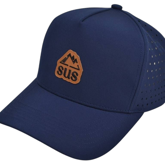 Navy blue cap with a brown logo on a white background