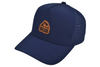 Navy blue cap with a brown logo on a white background