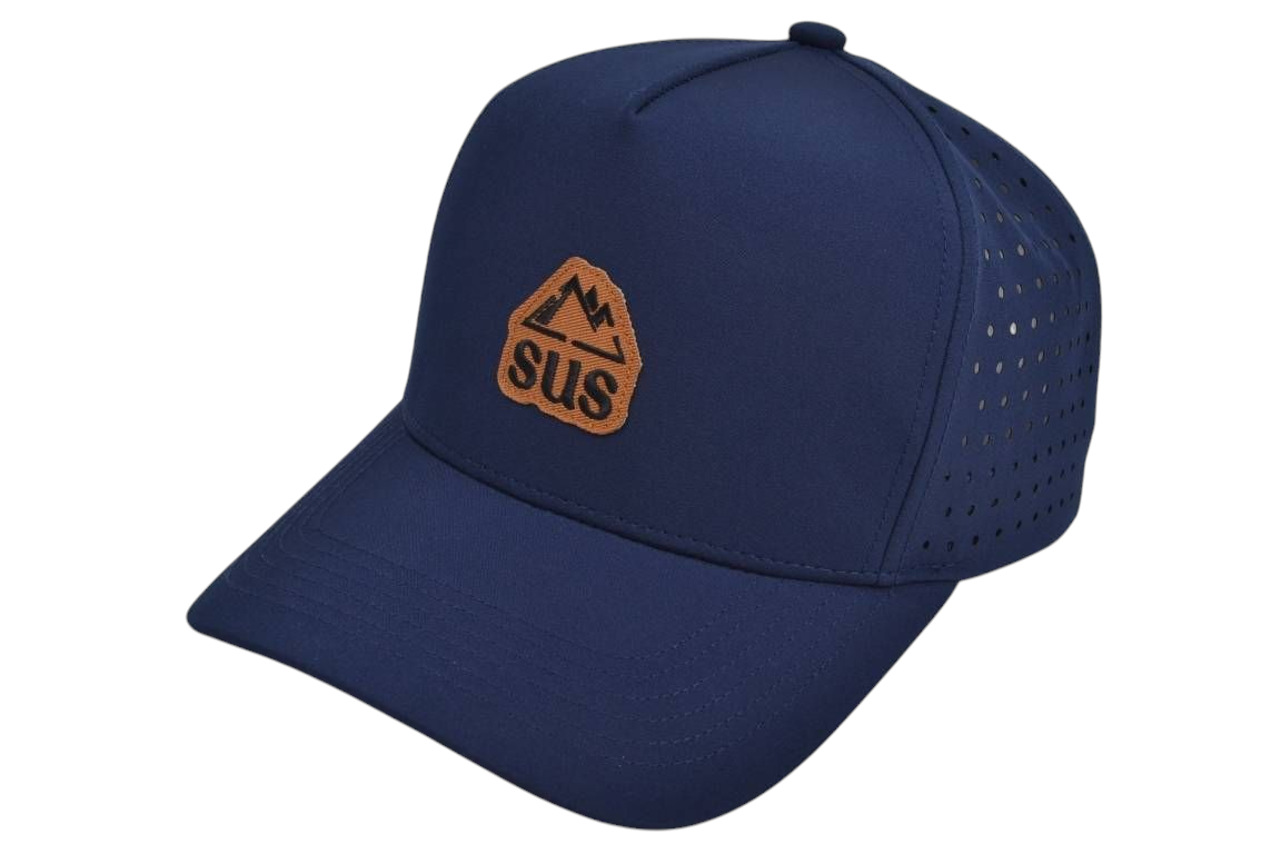 Navy blue cap with a brown logo on a white background